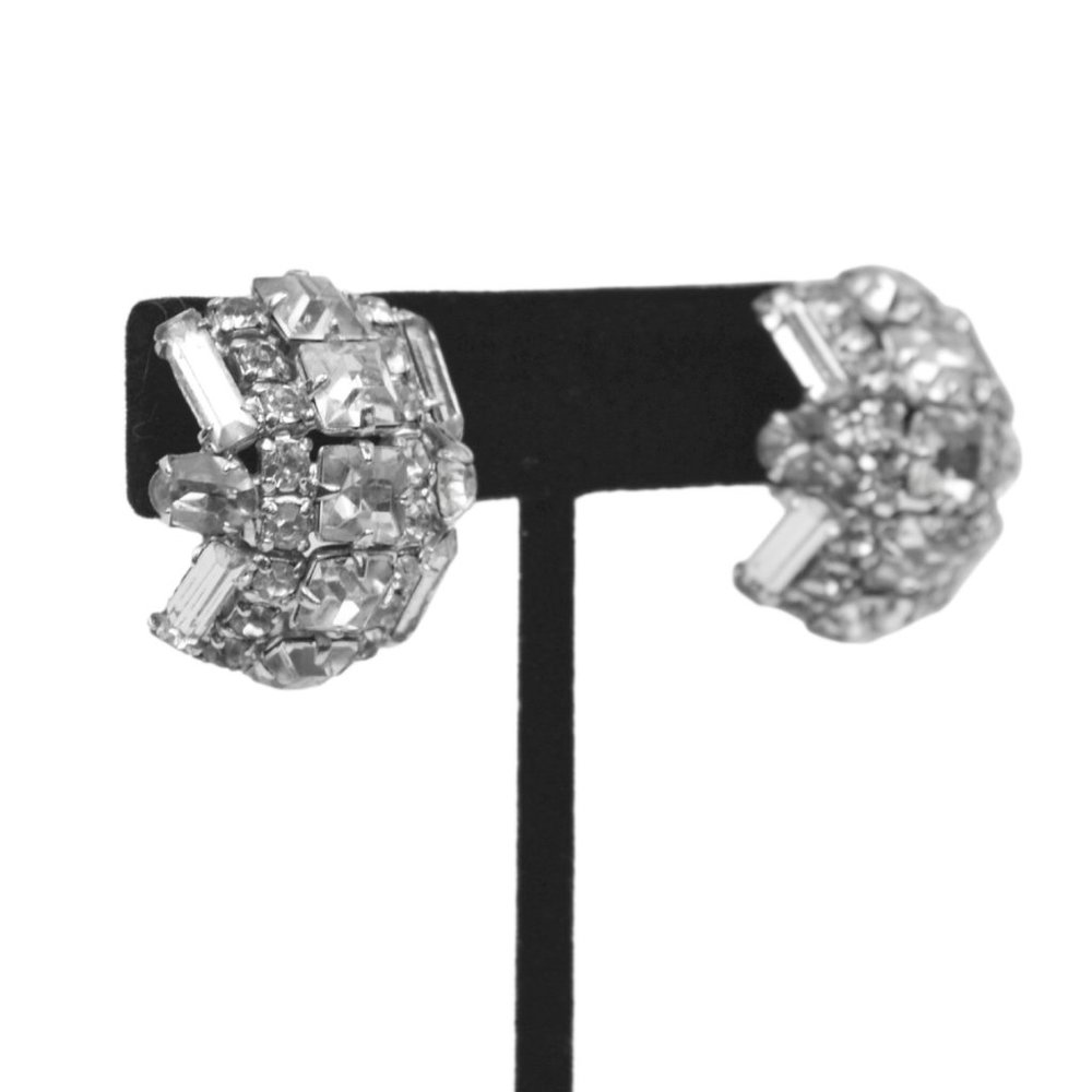 Vintage Circa 1950's Baguette Rhinestone Cluster Clip-On Earrings "Lovely!"